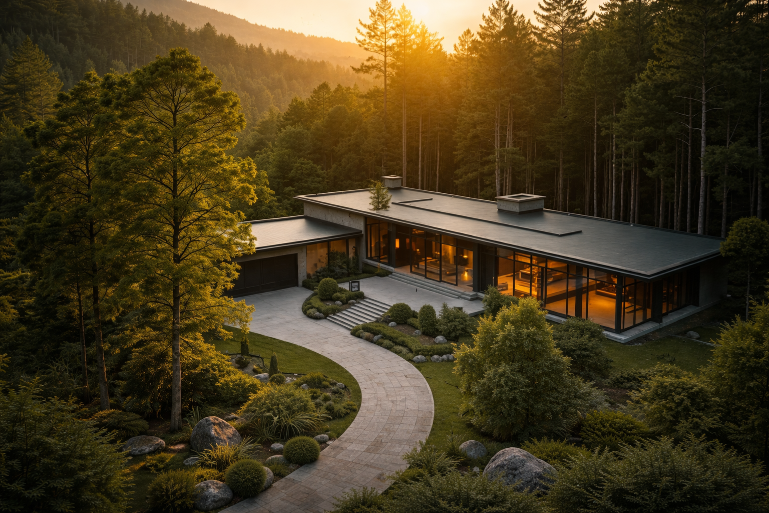 Modern luxury home nestled in forest at sunset